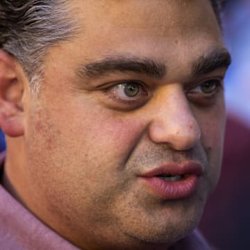 Nov 7, 2023; Scottsdale, AZ, USA; Los Angeles Angels general manager Perry Minasian speaks to the media during the MLB General Manager's Meetings at Omni Scottsdale Resort & Spa. Mandatory Credit: Mark J. Rebilas-Imagn Images