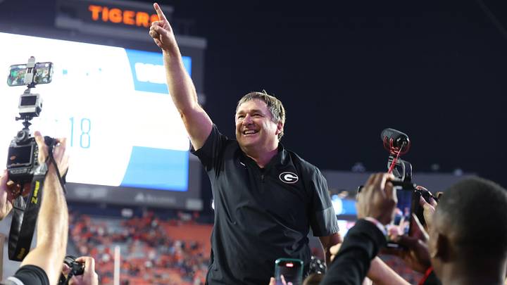 Oct 11, 2025; Auburn, Alabama, USA;  Georgia Bulldogs head coach Kirby Smart celebrates after the Bulldogs beat the Auburn Tigers at Jordan-Hare Stadium. Mandatory Credit: John Reed-Imagn Images