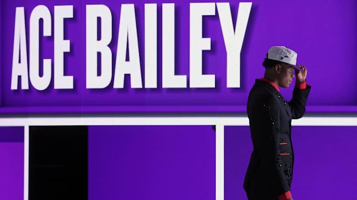 Jun 25, 2025; Brooklyn, NY, USA;  Ace Bailey looks on after being selected as the fifth pick by the Utah in the first round of the 2025 NBA Draft at Barclays Center. Mandatory Credit: Brad Penner-Imagn Images