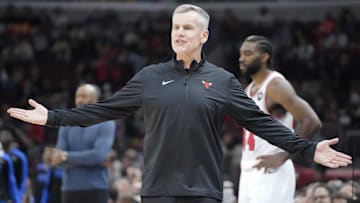 Oct 30, 2024; Chicago, Illinois, USA; Chicago Bulls head coach Billy Donovan gestures to his team against the Orlando Magic during the second half at United Center. Mandatory Credit: David Banks-Imagn Images