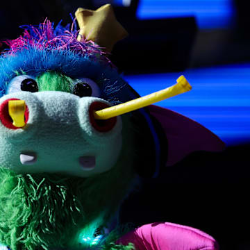 Apr 15, 2025; Orlando, Florida, USA; Orlando Magic mascot Stuff entertains the fans during a break in play against the Atlanta Hawks in the third quarter at Kia Center. Mandatory Credit: Nathan Ray Seebeck-Imagn Images