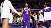Jan 19, 2025; Gainesville, Florida, USA; LSU Tigers forward Sa'Myah Smith (5) shakes hands while being introduced before a game against the Florida Gators at Exactech Arena at the Stephen C. O'Connell Center. Mandatory Credit: Matt Pendleton-Imagn Images