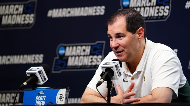 Mar 21, 2024; Memphis, TN, USA; Baylor Bears head coach Scott Drew speaks with the media during a press conference for the First and Second rounds of the 2024 NCAA Mens Basketball Championship at FedExForum.