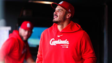 Sep 26, 2024; Denver, Colorado, USA; St. Louis Cardinals third base Nolan Arenado (28) in the dugout in the eighth inning against the Colorado Rockies at Coors Field. Mandatory Credit: Ron Chenoy-Imagn Images