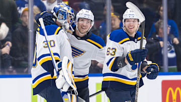 Dec 10, 2024; Vancouver, British Columbia, CAN; St. Louis Blues goalie Joel Hofer (30) and forwards Dylan Holloway (81) and Jake Neighbours (63) celebrate Holloway’s game winning goal against the Vancouver Canucks during overtime at Rogers Arena. Mandatory Credit: Bob Frid-Imagn Images