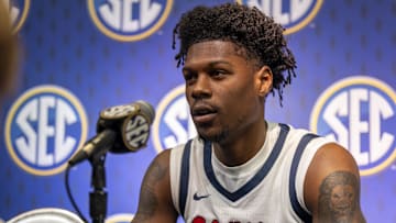 Oct 14, 2025; Birmingham, AL, USA; Ole Miss Rebels guard AJ Storr talks with the media during SEC Media Days at Grand Bohemian Hotel. Mandatory Credit: Vasha Hunt-Imagn Images