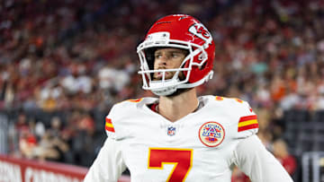 Aug 9, 2025; Glendale, Arizona, USA; Kansas City Chiefs kicker Harrison Butker (7) against the Arizona Cardinals during a preseason NFL game at State Farm Stadium. Mandatory Credit: Mark J. Rebilas-Imagn Images