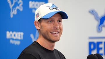 Offensive Coordinator Ben Johnson speaks to the media during the Detroit Lions training camp at the Lions headquarters in Allen Park, Mich. on Thursday, Aug. 1, 2024.