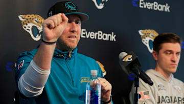 Jacksonville Jaguars head coach Liam Coen, left, speaks next to general manager James Gladstone during a press conference at Miller Electric Center Tuesday, April 15, 2025 in Jacksonville, Fla. [Corey Perrine/Florida Times-Union]