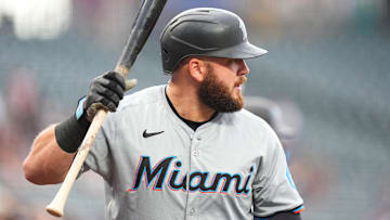 Aug 28, 2024; Denver, Colorado, USA; Miami Marlins third base Jake Burger (36) during the first inning against the Colorado Rockies at Coors Field. Mandatory Credit: Ron Chenoy-Imagn Images