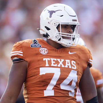 Dec 21, 2024; Austin, Texas, USA; Texas Longhorns offensive lineman Trevor Goosby (74) against the Clemson Tigers during the CFP National playoff first round at Darrell K Royal-Texas Memorial Stadium. Mandatory Credit: Mark J. Rebilas-Imagn Images