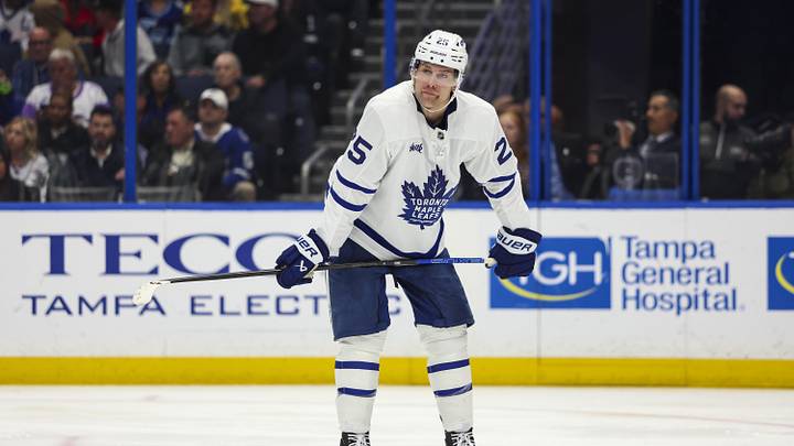 Feb 25, 2026; Tampa, Florida, USA; Toronto Maple Leafs defenseman Brandon Carlo (25) during the game against the Tampa Bay Lightning in the third period at Benchmark International Arena. Mandatory Credit: Morgan Tencza-Imagn Images