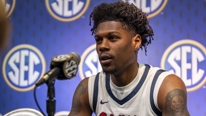 Oct 14, 2025; Birmingham, AL, USA; Ole Miss Rebels guard AJ Storr talks with the media during SEC Media Days at Grand Bohemian Hotel. Mandatory Credit: Vasha Hunt-Imagn Images