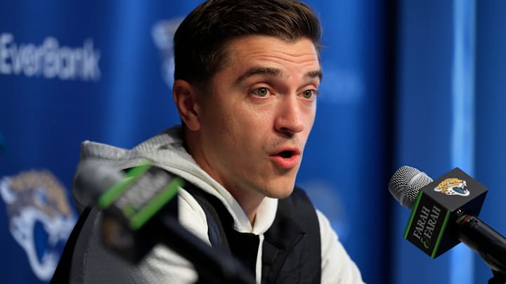 Jacksonville Jaguars general manager James Gladstone speaks during a press conference at the Miller Electric Center, Wednesday, Jan. 14, 2026, in Jacksonville, Fla.