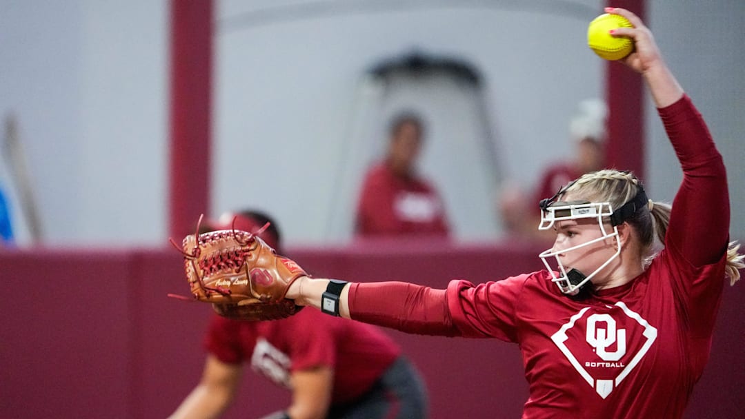 Sophomore pitcher Audrey Lowry throws the ball during an exhibition game against Oklahoma Christian University at Love’s Field on Oct. 15 in Norman, Okla.