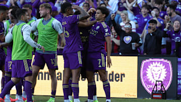 Nov 24, 2024; Orlando, Florida, USA; Orlando City forward Ramiro Enrique (7) celebrates a first half goal against Atlanta United in a 2024 MLS Cup conference semifinal match at Inter&Co Stadium. Mandatory Credit: Mike Watters-Imagn Images