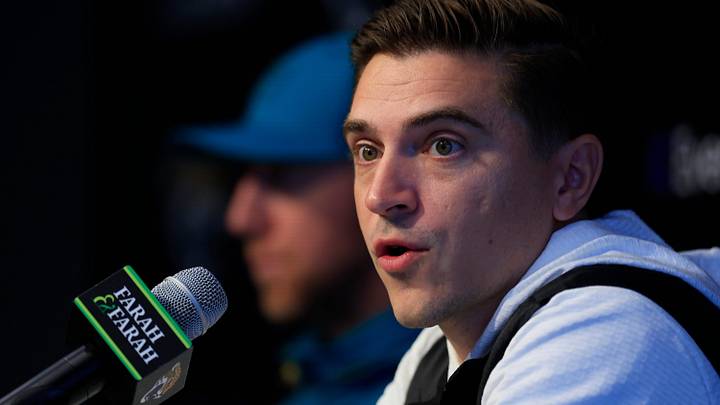 Jacksonville Jaguars general manager James Gladstone speaks during a press conference next to head coach Liam Coen at the Miller Electric Center, Wednesday, Jan. 14, 2026, in Jacksonville, Fla.