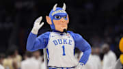 Mar 13, 2025; Charlotte, NC, USA; Duke Blue Devils mascot during the second half against the Georgia Tech Yellow Jackets at Spectrum Center. Mandatory Credit: Jim Dedmon-Imagn Images