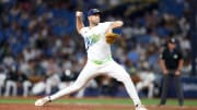 Jul 12, 2024; St. Petersburg, Florida, USA; Tampa Bay Rays pitcher Jason Adam (47) throws a pitch against the Cleveland Guardians in the ninth inning at Tropicana Field.