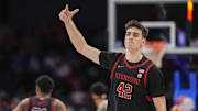 Mar 13, 2025; Charlotte, NC, USA; Stanford Cardinal forward Maxime Raynaud (42) after a dunk against the Louisville Cardinals during the second half at Spectrum Center. Mandatory Credit: Jim Dedmon-Imagn Images