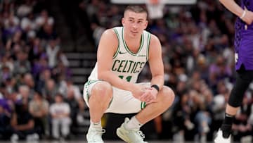 Mar 24, 2025; Sacramento, California, USA; Boston Celtics guard Payton Pritchard (11) rests during a break in the actin against the Sacramento Kings in the fourth quarter at the Golden 1 Center. Mandatory Credit: Cary Edmondson-Imagn Images