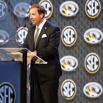 Jul 16, 2024; Dallas, TX, USA; Missouri head coach Eliah Drinkwitz speaking at Omni Dallas Hotel. Mandatory Credit: Brett Patzke-Imagn Images