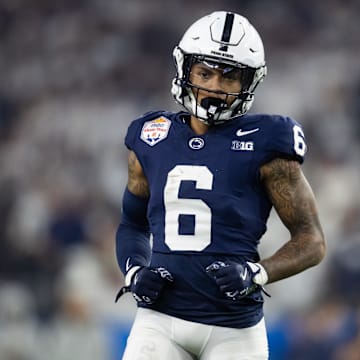 Dec 31, 2024; Glendale, AZ, USA; Penn State Nittany Lions wide receiver Harrison Wallace III (6) against the Boise State Broncos during the Fiesta Bowl at State Farm Stadium. Mandatory Credit: Mark J. Rebilas-Imagn Images