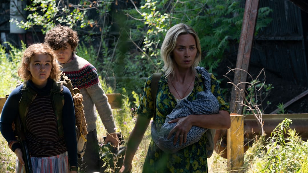L-r, Regan (Millicent Simmonds), Marcus (Noah Jupe) and Evelyn (Emily Blunt) brave the unknown in "A Quiet Place Part II.” photo courtesy Paramount Pictures