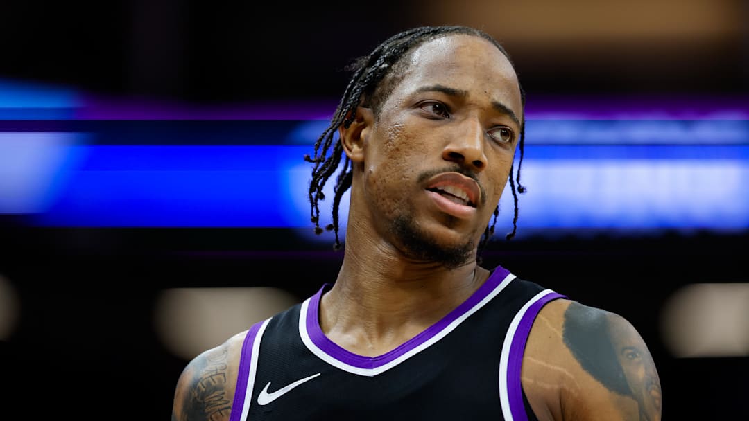 Apr 16, 2025; Sacramento, California, USA; Sacramento Kings forward DeMar DeRozan (10) looks on during the fourth quarter against the Dallas Mavericks at Golden 1 Center. 
