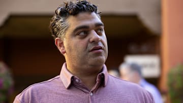 Nov 7, 2023; Scottsdale, AZ, USA; Los Angeles Angels general manager Perry Minasian speaks to the