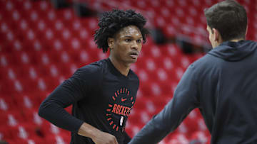 May 4, 2025; Houston, Texas, USA; Houston Rockets forward Amen Thompson (1) warms up before game seven of first round for the 2025 NBA Playoffs against the Golden State Warriors at Toyota Center. Mandatory Credit: Troy Taormina-Imagn Images