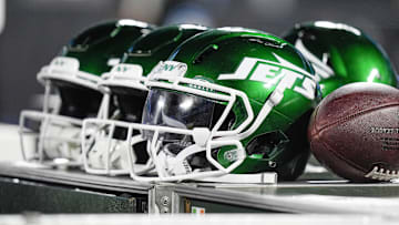 Aug 17, 2024; Charlotte, North Carolina, USA; New York Jets helmets during the second half against the Carolina Panthers at Bank of America Stadium. Mandatory Credit: Jim Dedmon-Imagn Images