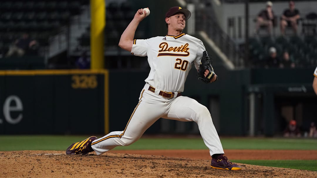 Feb 28, 2026; Arlington, TX, USA; Derek Schaefer pitches against the Tennessee Volunteers during the Amegy Bank College Baseball Series at Globe Life Field. 