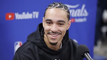 Jun 4, 2025; Oklahoma City, OK, USA; Indiana Pacers guard Andrew Nembhard (2) during NBA Finals Media Day at Paycom Center. Mandatory Credit: Alonzo Adams-Imagn Images
