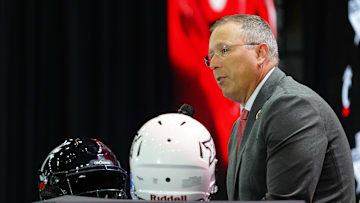 Jul 8, 2025; Frisco, TX, USA; Cincinnati head coach Scott Satterfield addresses the media during 2025 Big 12 Football Media Days at The Star. Mandatory Credit: Raymond Carlin III-Imagn Images