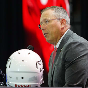 Jul 8, 2025; Frisco, TX, USA; Cincinnati head coach Scott Satterfield addresses the media during 2025 Big 12 Football Media Days at The Star. Mandatory Credit: Raymond Carlin III-Imagn Images