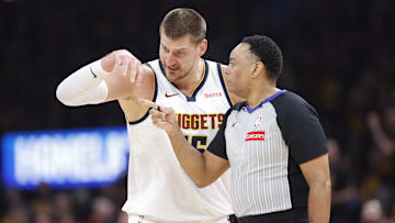 May 5, 2025; Oklahoma City, Oklahoma, USA; Denver Nuggets center Nikola Jokic (15) talks to an official after a call against him during the second half against the Oklahoma City Thunder in game one of the second round for the 2025 NBA Playoffs at Paycom Center. Mandatory Credit: Alonzo Adams-Imagn Images