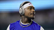 Jan 7, 2024; Miami Gardens, Florida, USA; Buffalo Bills wide receiver Stefon Diggs (14) looks on prior to the game against the Miami Dolphins at Hard Rock Stadium. Mandatory Credit: Sam Navarro-USA TODAY Sports
