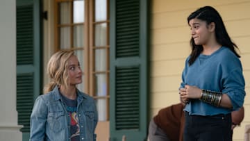 (L-R): Brie Larson as Captain Marvel/Carol Danvers and Iman Vellani as Ms. Marvel/Kamala Khan in Marvel Studios' THE MARVELS. Photo by Laura Radford. © 2023 MARVEL.