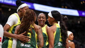 Aug 5, 2025; Seattle, Washington, USA; Seattle Storm forward Nneka Ogwumike (3) reacts during the first half against  the Minnesota Lynx  at Climate Pledge Arena. 