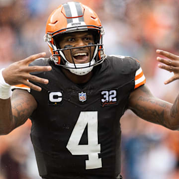 Sep 10, 2023; Cleveland, Ohio, USA; Cleveland Browns quarterback Deshaun Watson (4) celebrates his touchdown run against the Cincinnati Bengals during the second quarter at Cleveland Browns Stadium.