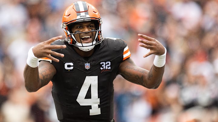 Sep 10, 2023; Cleveland, Ohio, USA; Cleveland Browns quarterback Deshaun Watson (4) celebrates his touchdown run against the Cincinnati Bengals during the second quarter at Cleveland Browns Stadium.