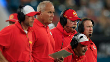 Kansas City Chiefs head coach Andy Reid, center right, looks on with his staff during the fourth quarter of a preseason NFL football game Saturday, Aug. 10, 2024 at EverBank Stadium in Jacksonville, Fla. The Jacksonville Jaguars defeated the Kansas City Chiefs 26-13. [Corey Perrine/Florida Times-Union]