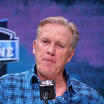 John Elway speaks during the 2020 NFL draft combine.