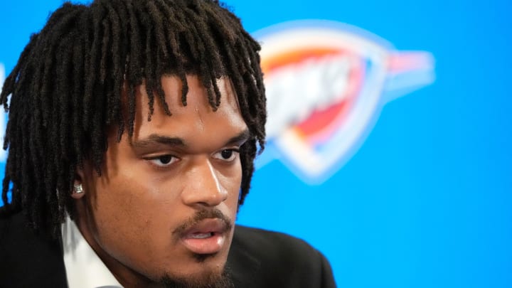 Dillon Jones speaks during an introductory press conference for the 2024 Thunder draft picks at Oklahoma Contemporary Arts Center in Oklahoma City, Saturday, June, 29, 2024.