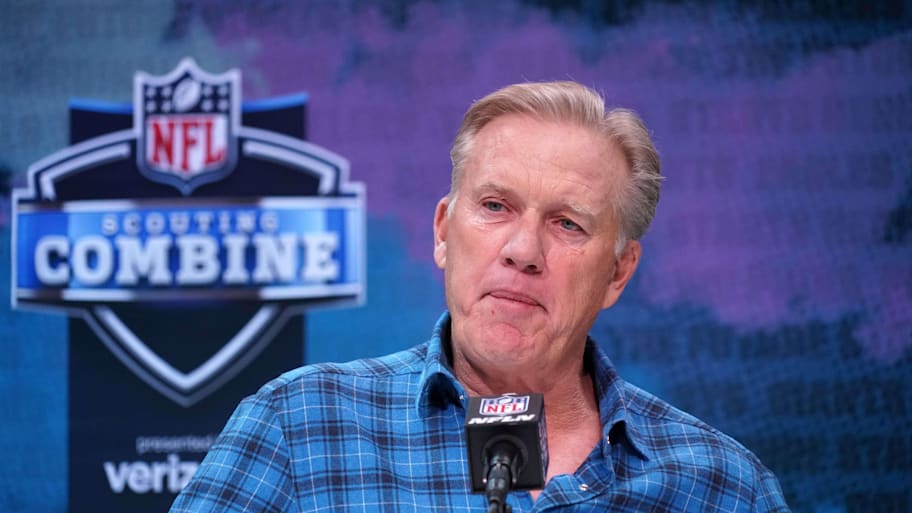 John Elway speaks during the 2020 NFL draft combine. | Kirby Lee-Imagn Images