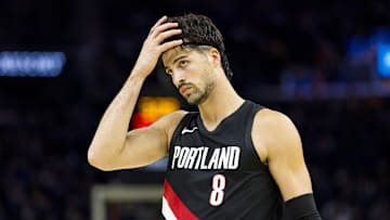 Oct 8, 2025; San Francisco, California, USA;  Portland Trail Blazers forward Deni Avdija (8) reacts during the second quarter against the Golden State Warriors at Chase Center. Mandatory Credit: John Hefti-Imagn Images