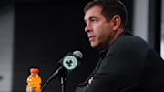 Sep 29, 2025; Boston, MA, USA: Boston Celtics president of basketball operations Brad Stevens talks to reporters during media day at the Auerbach Center. Mandatory Credit: David Butler II-Imagn Images