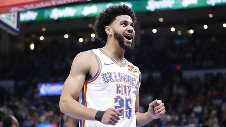 Oct 30, 2024; Oklahoma City, Oklahoma, USA; Oklahoma City Thunder guard Ajay Mitchell (25) reacts after a play against the San Antonio Spurs during the second quarter at Paycom Center. Mandatory Credit: Alonzo Adams-Imagn Images