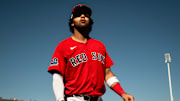 Marcelo Mayer gets ready for a Spring Training game on March 11, 2025, at JetBlue Park in Fort Myers, Florida.